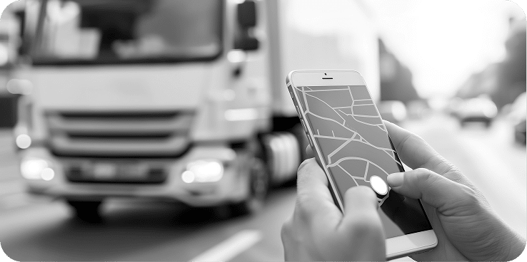 Smartphone showing GPS navigation with truck in background