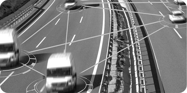 Connected vehicles on highway with network data overlay