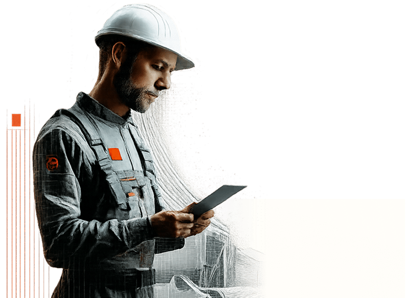 Technical supervisor wearing safety helmet using a tablet on site